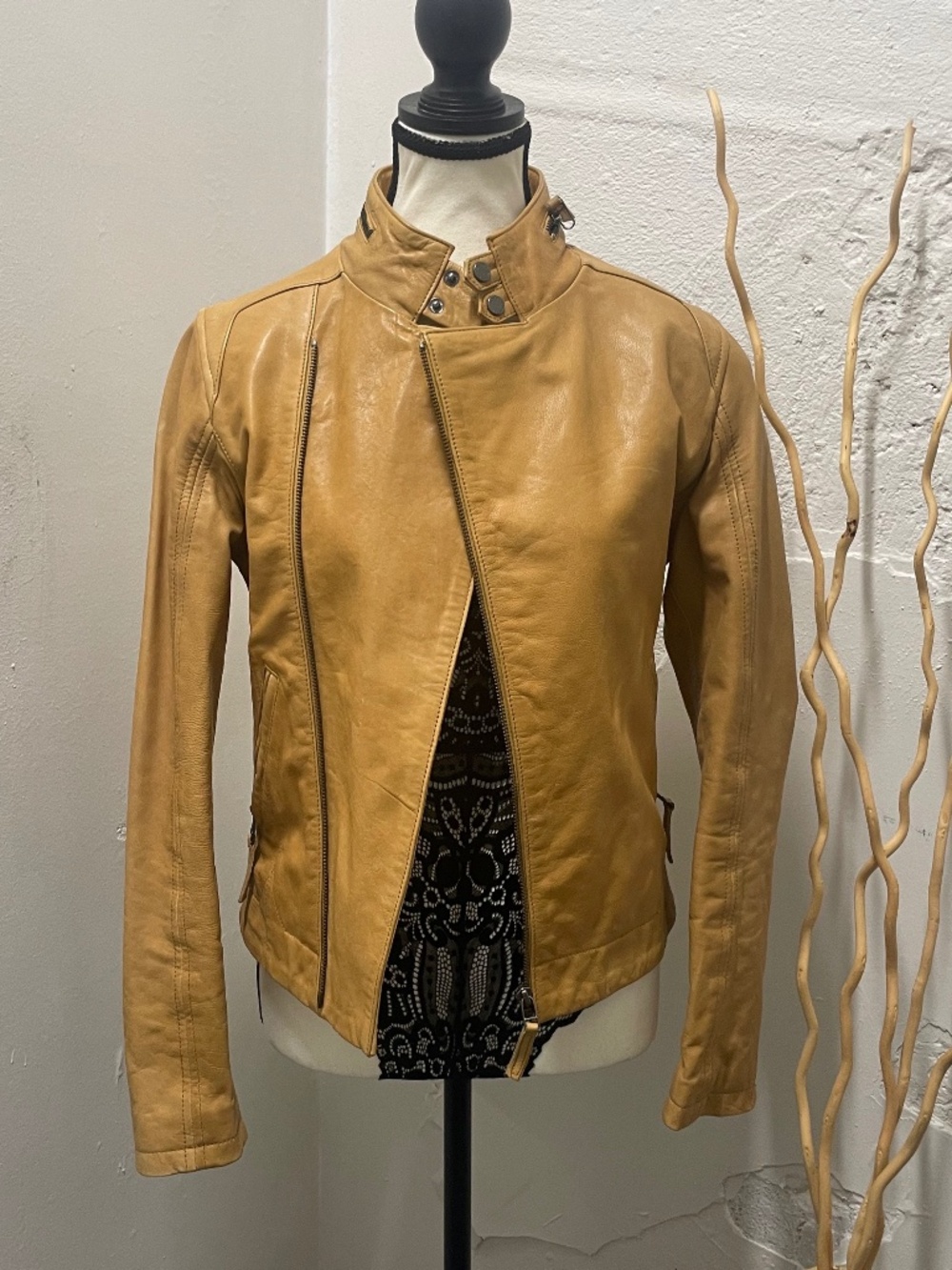 Tristan Mustard Yellow Genuine Leather Moto Jacket - Excellent Condition